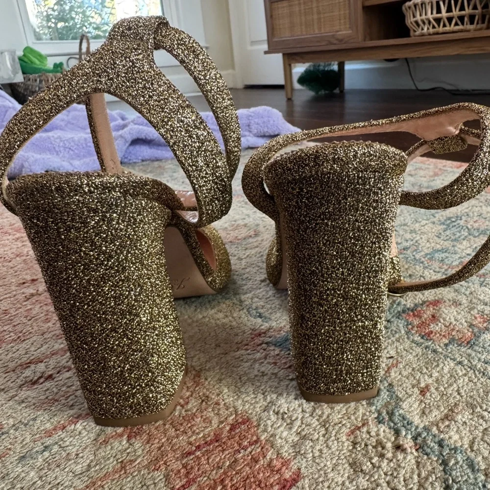 J. CREW Harlowe Ankle Strap Block Heels Gold Glitter Size 9